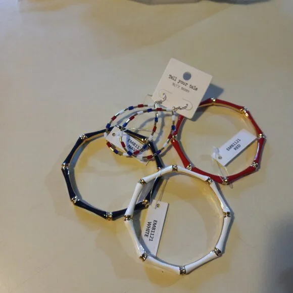 3 enamel bracelets & coordinating earrings in red, white, & blue - Picture 4 of 4
